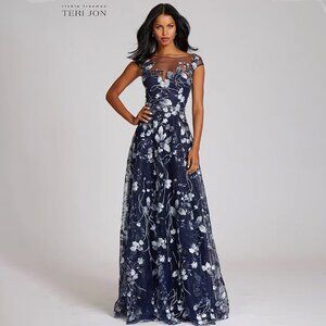 Teri Jon by Rickie Freeman Embroidered Lace Illusion Bodice Gown Size 12